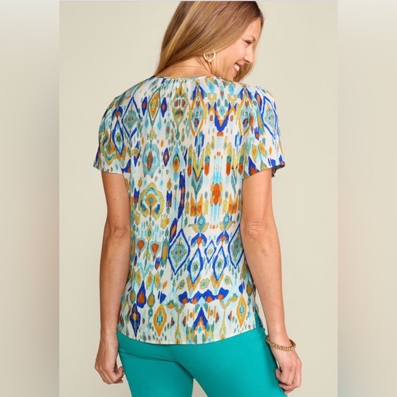 Soft Surroundings Gauzy Multicolor Francesca Clip Dot Ikat Metallic‎ Blouse - Picture 4 of 9